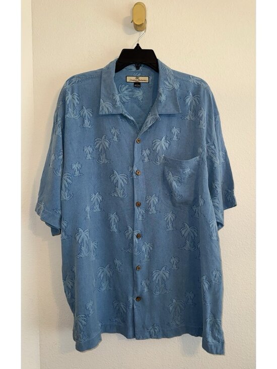 Tommy Bahama Other - Tommy Bahama Silk Button Front Shirt Collar Palm Trees Print Mens XL XLarge Blue